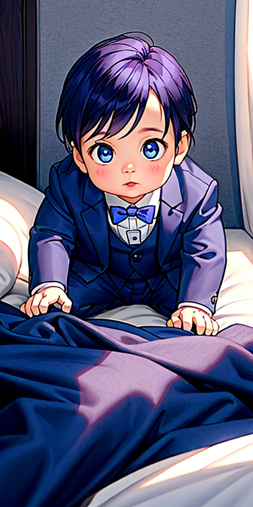 a baby boy with dark purple hair, blue eyes, wearing prince suit