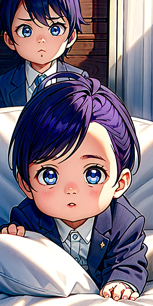 a  boy with dark purple hair, blue eyes, wearing prince suit