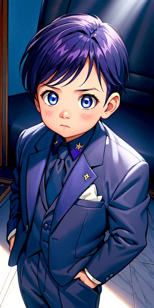 a  boy with dark purple hair, blue eyes, wearing prince suit