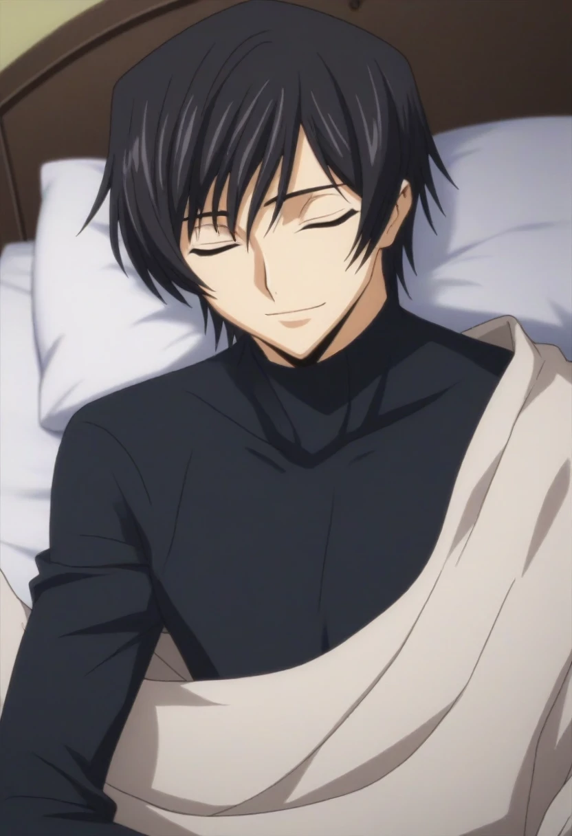 score_9, score_8_up, score_7_up, source_anime, rating_safe, intricate details, anime screencap, , , looking at viewer, depth of field, 1boy, solo, male focus, lelouch_lamperouge, black hair, purple eyes, bangs, smile, closed eyes, sleeping, cute, black pajamas costume,, bed room, night,
