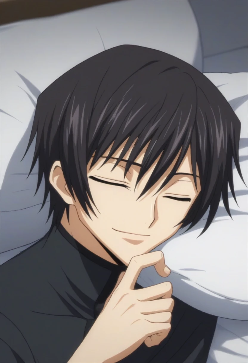 score_9, score_8_up, score_7_up, source_anime, rating_safe, intricate details, anime screencap, , , looking at viewer, depth of field, 1boy, solo, male focus, lelouch_lamperouge, black hair, purple eyes, bangs, smile, closed eyes, sleeping, cute, black pajamas costume,, bed room, night,
