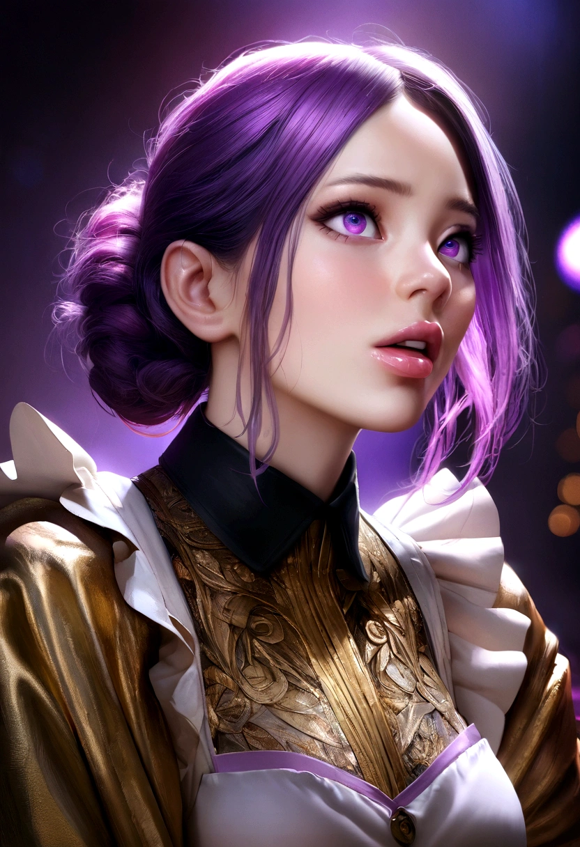 a maid doing ahegao,beautiful detailed eyes,beautiful detailed lips,extremely detailed eyes and face,long eyelashes,1girl,anime,purple hair,purple eyes,purple background,money,gold,realistic,photorealistic,photo-realistic:1.37,best quality,4k,8k,highres,masterpiece:1.2,ultra-detailed,HDR,UHD,studio lighting,ultra-fine painting,sharp focus,physically-based rendering,extreme detail description,professional,vivid colors,bokeh