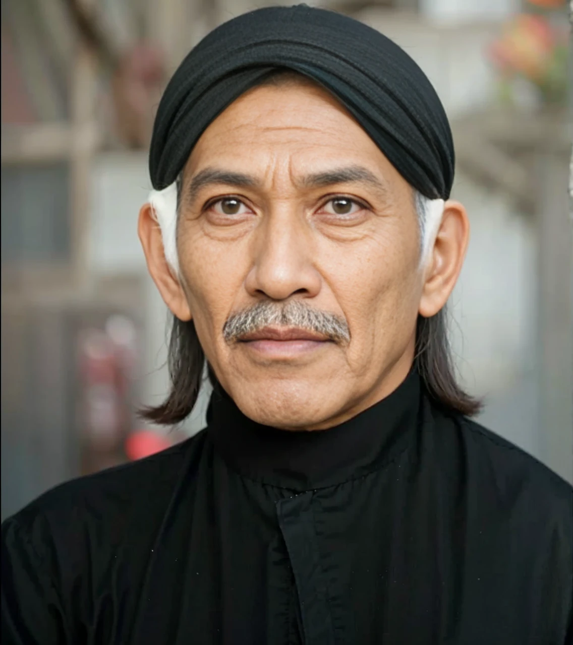 Indonesian Muslim man, wearing blangkon and dark clothes, Javanese nuances, dark brown skin with wrinkles on the forehead, 55 years or over, gray hair and mustache, slightly slanted eyes, sharp nose and thick lower lip. HD realistic images