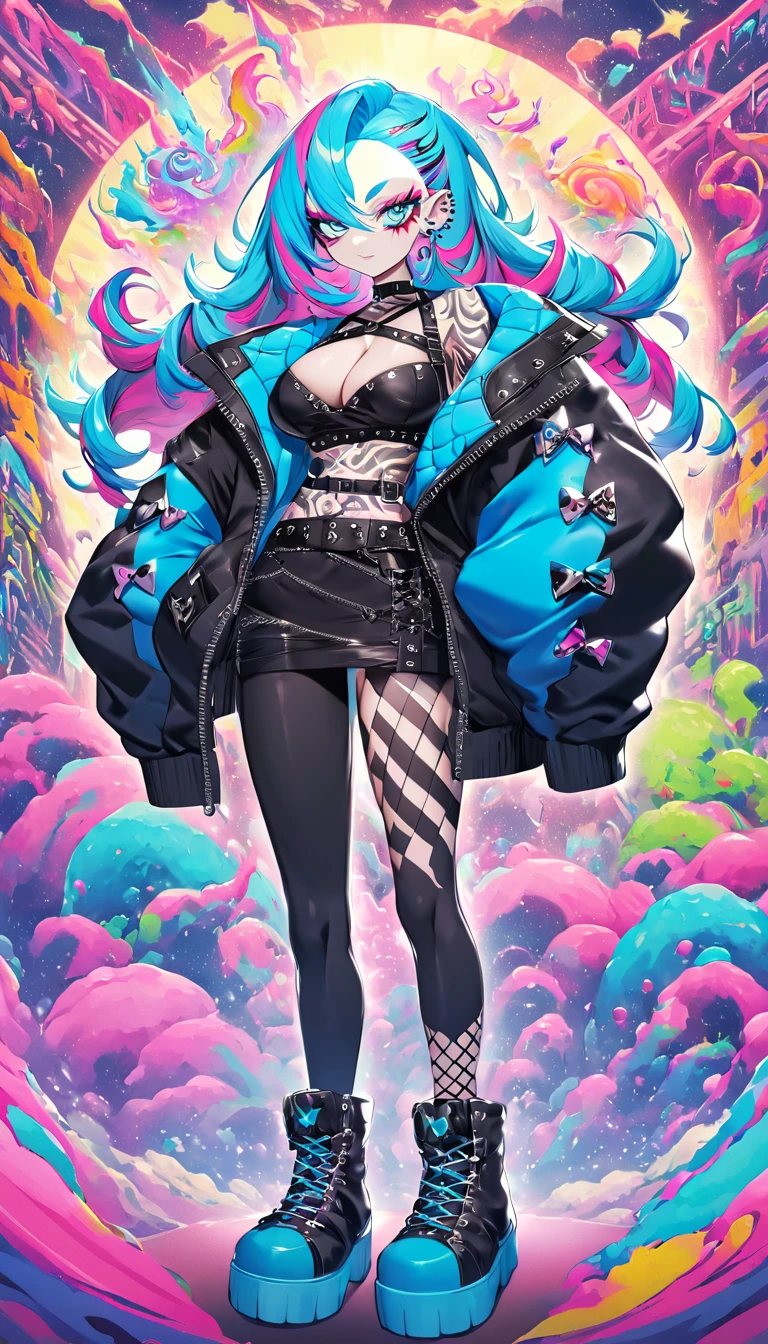 (masterpiece, top quality, best quality, official art, beautiful, cosmic, atmospheric, psychedelic, dreamlike and aesthetic, swirling psychedelic cosmic graffiti patterns:1.2), (1girl), extreme detailed,(fractal art:1.3),colorful,highest detailed, "(Best Quality, 8K, 32K, masutepiece:1.3), Ultra-detailed, (Photorealistic:1.4), pink and white colors, perfect color scheme, albino, Punk rock Girl, Detailed moonlight eyes, full body portrait, Luxurious neon blue punk hair, Edgy Harajuku-inspired punk rock fashion, super huge enormously gigantic , cleavage showing, Avant-garde makeup, Numerous piercings, Heavily tattooed body, swirling psychedelic cosmic dreamlike graffiti pattern background 