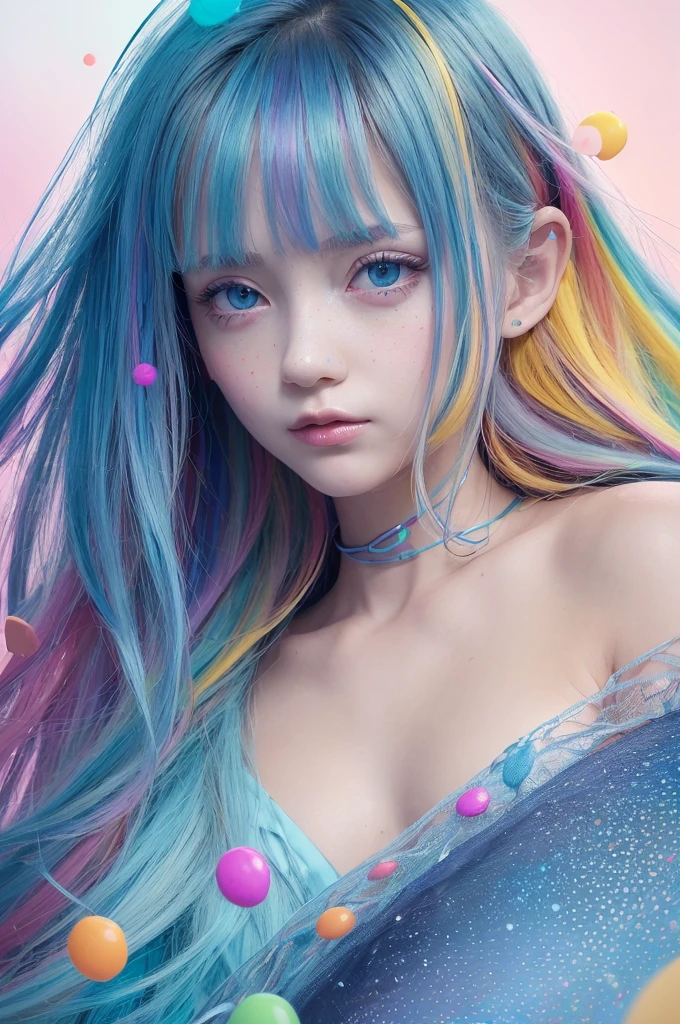 (((masterpiece))),(((best quality))),((Extremely detailed)),(illustration),(Dynamic Angle), ((floating)),(painting),((Messy hair)), (Solitary),(1 Girl), ((small_breast)), (((Delicate anima face))),((Beautiful and delicate face)),collar,Bare shoulders, White hair, ((Colorful hair)),((Striped hair)), Beautiful and delicate eyes,(Gradient eyes),(((Colored eyes))), (((Colored background))),(((High Saturation))),(((Surrounded by colorful colors))),(((Colored dots around))),Colored bubbles,((shining))