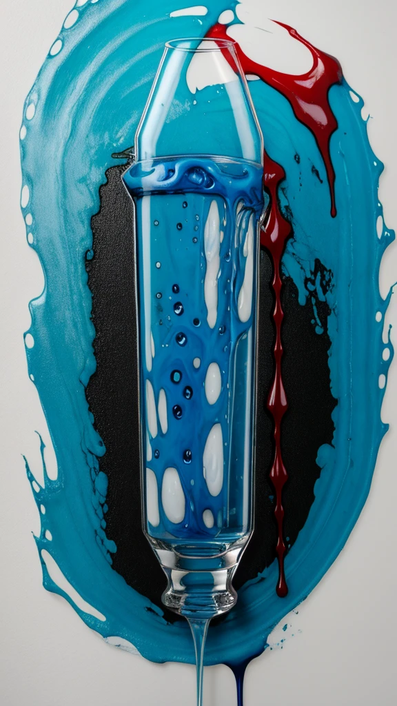 a Alien monster ADN person in white gloves holding a glass with blood on it, lightblue acrylic paintdrip tar, Scary little alien creature,acrylic liquid colors, blacklight reacting, mixed liquid acrylic, toxic drips, dye - transfer, dye-transfer, liquid painting, drip painting, acryclics, rna bioweapon, red and cyan ink, wet - on - wet technique,Biological experiment on strange creatures.Leo