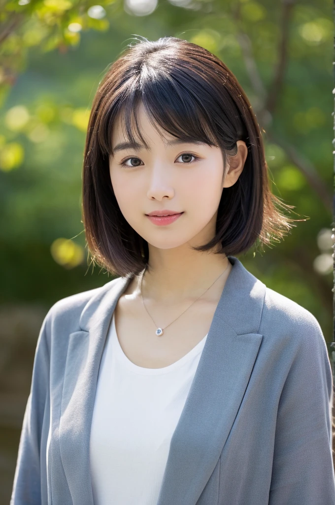 Front view,Close up of (((Masamisuno))),(in 8K, top-quality, ​masterpiece:1.3, high resolution, A hyper-realistic), high detailing,Lighting the face, best light, japanes，japanaese girl, Photo of a cute Japanese woman, Small necklace, Thin Silver Necklace, simple background, wear suit, Casual pose, Short hair swaying in the wind