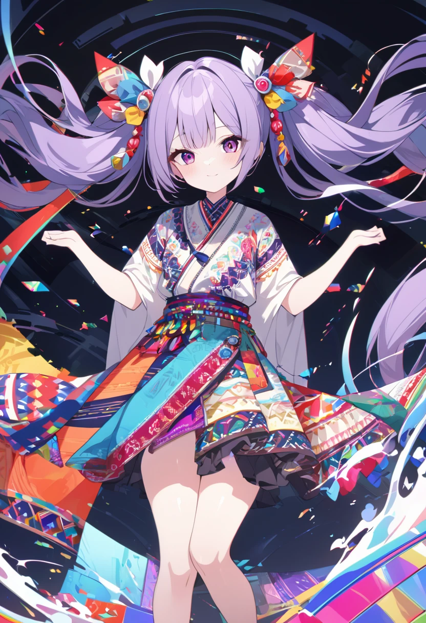 (absurdres, highres, ultra detailed), (1girl:1.3), twintails, purple hair, BREAK , glitch art, digital distortion, pixelated fragments, data corruption, colorful noise, visual chaos, contemporary aesthetics BREAK , enamel art, glass-like surface, vibrant colors, glossy finish, reflective textures, rich pigments, fluid forms BREAK , ethnic style, traditional clothing, vibrant patterns, handmade textiles, cultural motifs, beaded jewelry, artisanal accessories, T pose, front view