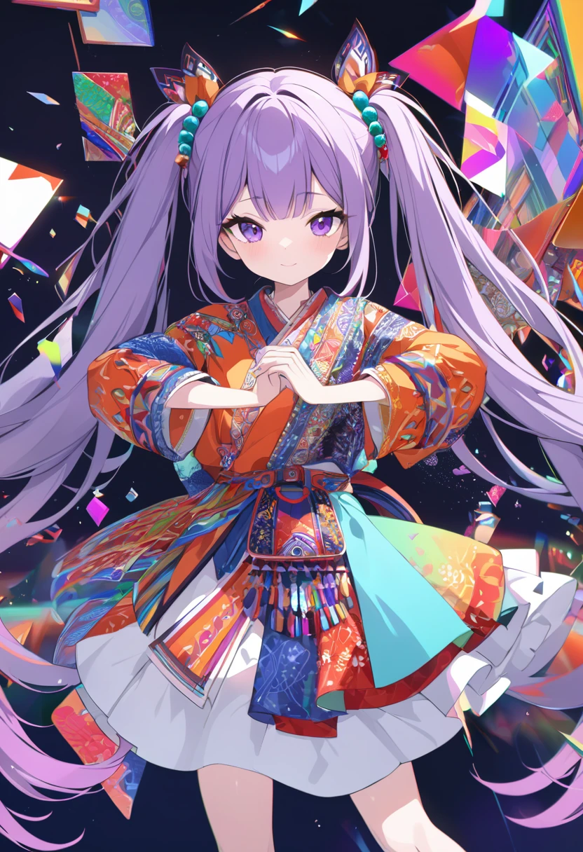 (absurdres, highres, ultra detailed), (1girl:1.3), twintails, purple hair, BREAK , glitch art, digital distortion, pixelated fragments, data corruption, colorful noise, visual chaos, contemporary aesthetics BREAK , enamel art, glass-like surface, vibrant colors, glossy finish, reflective textures, rich pigments, fluid forms BREAK , ethnic style, traditional clothing, vibrant patterns, handmade textiles, cultural motifs, beaded jewelry, artisanal accessories, T pose, front view