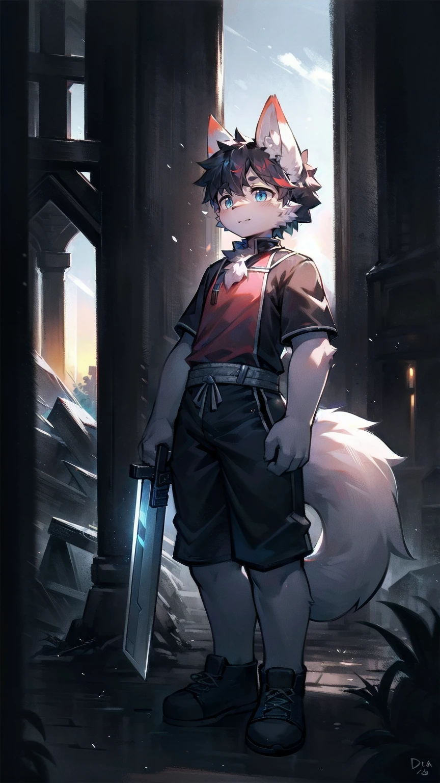 White Wolf，black hair，Sky blue eyes，hairy，Wolf ears，Wolf tail，Full body portrait，The character is in the center of the frame，Handsome，Confident eye***but，juvenile，Black and white combat uniform，Red neck bib，Black shorts，Short sleeve，hairy arms and legs，Dark background，Dark battlefield，dawn，sunrise，dawn，illumination，shadow，Swordsman，Scabbard and Hold the hilt of a in your hand，The scabbard is at the waist，Highest quality,A tall stature