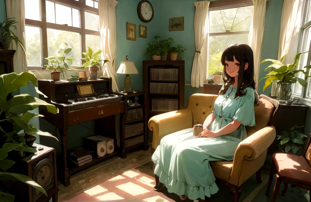 pretty girl,high resolution,Smile brightly,A calm lo-fi girl sitting by a window with soft sunlight streaming in, Immerse yourself in music, A vintage room filled with records and plants, Evokes a sense of nostalgia and relaxation, figure, Digital Art, --16 pieces:9-5 o'clock