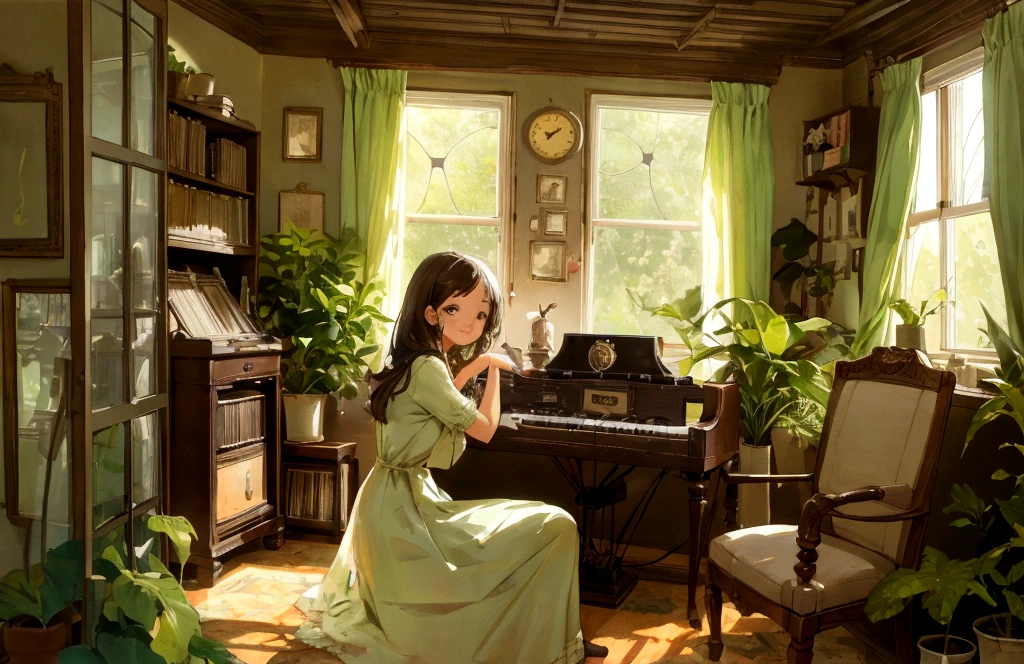 pretty girl,high resolution,Smile brightly,A calm lo-fi girl sitting by a window with soft sunlight streaming in, Immerse yourself in music, A vintage room filled with records and plants, Evokes a sense of nostalgia and relaxation, figure, Digital Art, --16 pieces:9-5 o&#39;clock