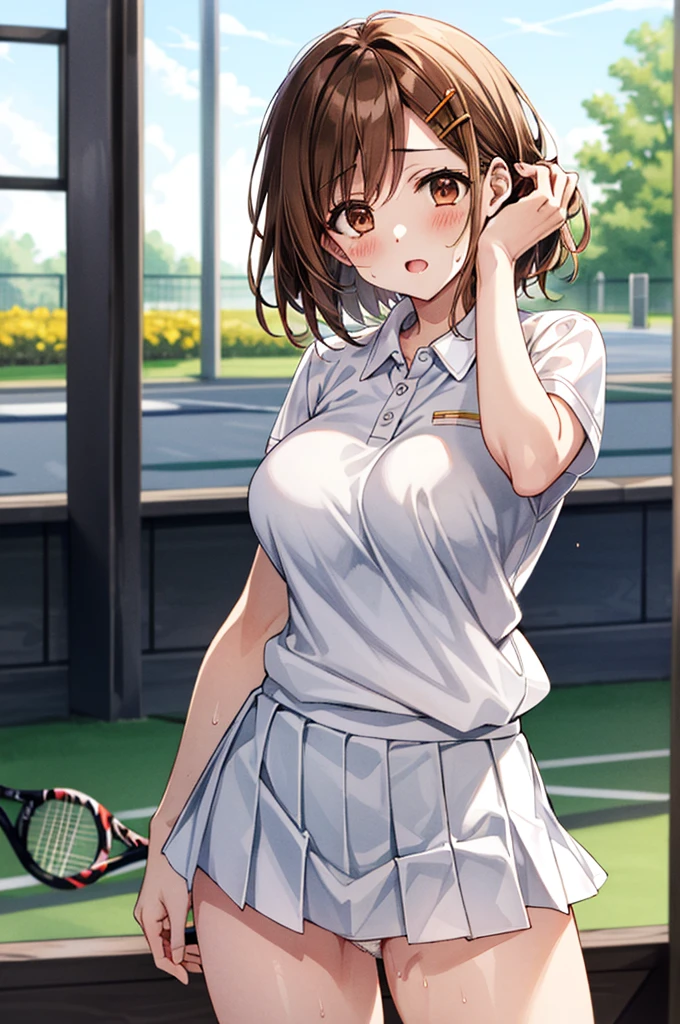 white micro mini skirt white、NSFW、独奏、white micro mini skirt white、(white micro mini skirt white、White pleated skirt、White tennis wear、White polo shirt、Big Breasts)、Toned body、Bare thighs、(Panty shot、White panties、Panties transparent with sweat、Mansuji)、(White tennis wear、White polo shirt、Big Breasts、white micro mini skirt white、White pleated skirt)、白シャツ越しに透けたBig Breasts、(short hair、Brown Hair、Barrette、hair ornaments)、(Brown eyes:1.5)、(yuihirasawa、yui hirasawa、Yui Hirasawa)、Big Breasts、Women's High、Tennis court、独奏