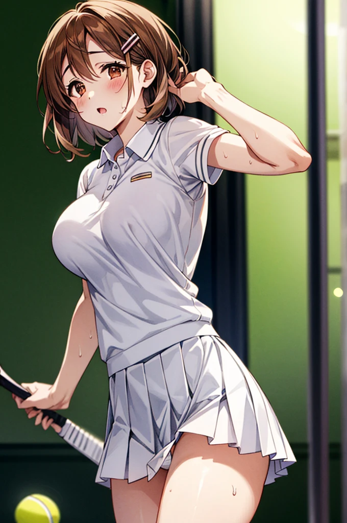 white micro mini skirt white、NSFW、独奏、white micro mini skirt white、(white micro mini skirt white、White pleated skirt、White tennis wear、White polo shirt、Big Breasts)、Toned body、Bare thighs、(Panty shot、White panties、Panties transparent with sweat、Mansuji)、(White tennis wear、White polo shirt、Big Breasts、white micro mini skirt white、White pleated skirt)、白シャツ越しに透けたBig Breasts、(short hair、Brown Hair、Barrette、hair ornaments)、(Brown eyes:1.5)、(yuihirasawa、yui hirasawa、Yui Hirasawa)、Big Breasts、Women's High、Tennis court、独奏