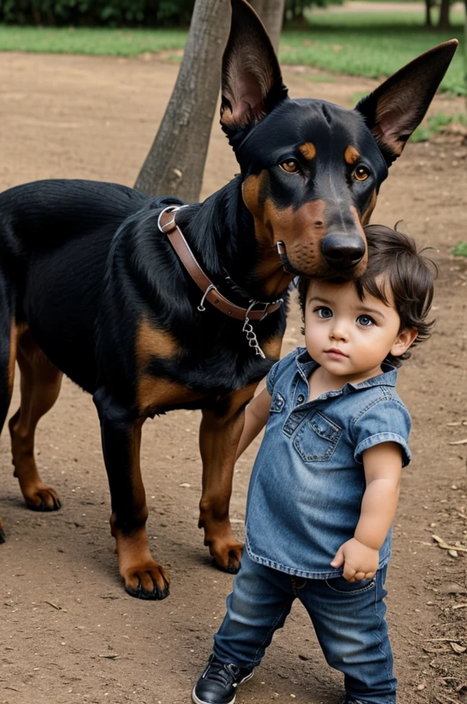 Photograph of a family, a girl dressed in a black V-neck blouse and dark jeans pants, long light brown hair, brown eyes, cute big circular reflective eyes, On his right side is a 2-year-old boy., with wavy brown hair, light brown skin, On the left side a 1 year old medium dog, Doberman German Shepherd mix with standing ears.