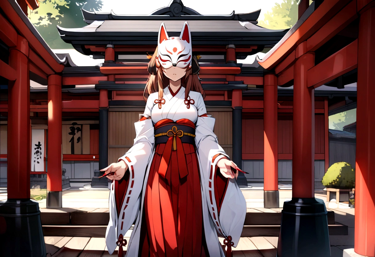 Japanese shrine, miko, fox mask