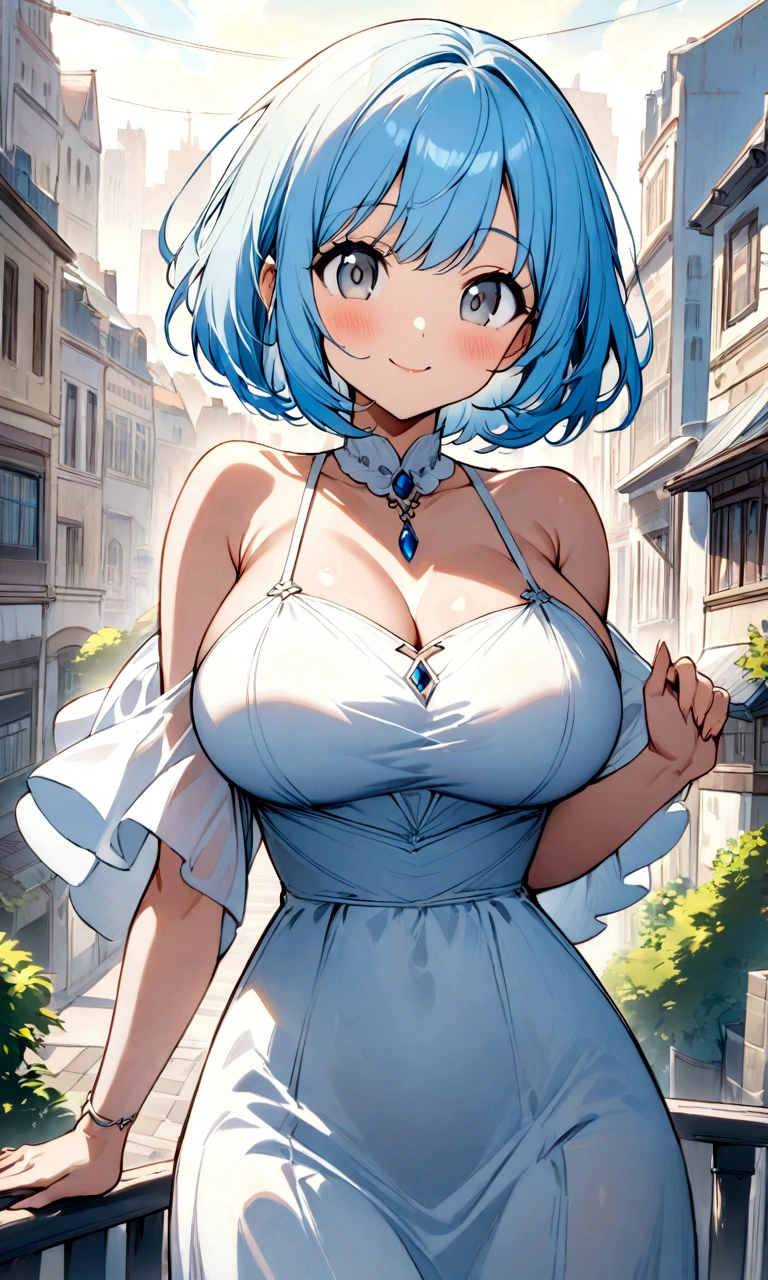 Highest quality、High resolution、masterpiece、Cute anime-style illustrations、One image、One Woman、Light blue hair、Short Bob、Grey Eyes、White Cami Dress、Big Breasts、Stylish older sister、smile、city