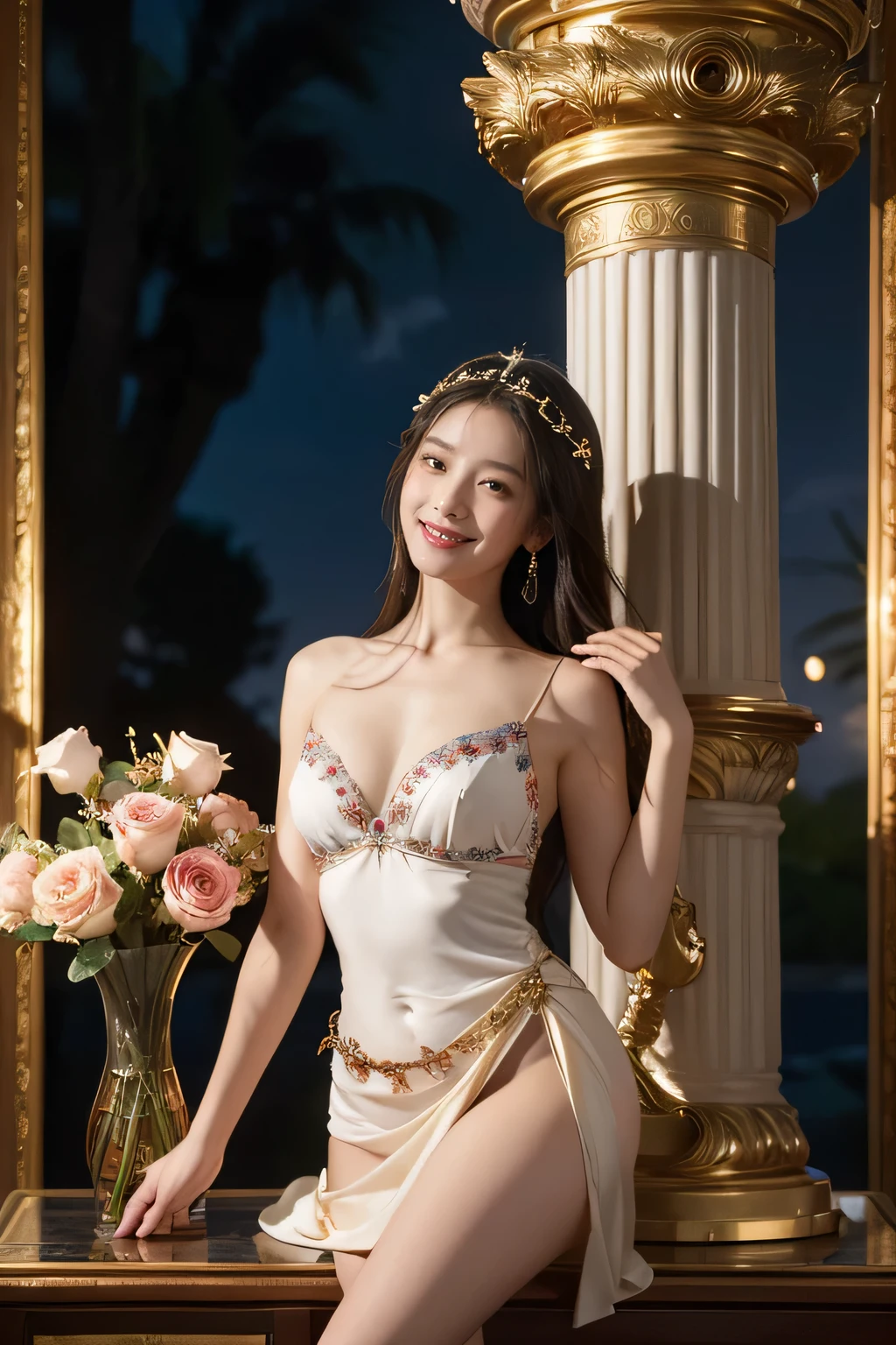 Giorgione painting style,Arguments of two female Philosophe,math、astronomical machine、astronaut、roses in vase、fruits、Cute trinkets、smile、ancient greek costume、Background is a forest lake at night 、Clothes that stretch your shoulders、A big smile、beautiful bare skin、A detailed representation of the seducing woman throughout her body.sexy,erotic smile