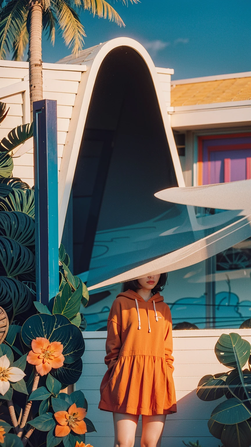 long shot portrait of cute 23 yo girl, happy body shape ,wear ((orange color oversized hoodie)), wear ((purple tennis skirt)),looking front,Best Quality,Masterpiece,Ultra High Resolution,(Realisticity:1.4),Original Photo, 1Girl, light leak,ultra high resolution,UHD,beautiful, (black bob hair), almond eye, no makeup, in front of (80's mondrian architecture motel), (realistic:1.2), (surreal:1.3), (very detailed:1.1), ((masterpiece)),summer, blue sky, palm trees,sunny, los angles vibes,film camera, 800mm lens,style of Philip Lorca diCorcia