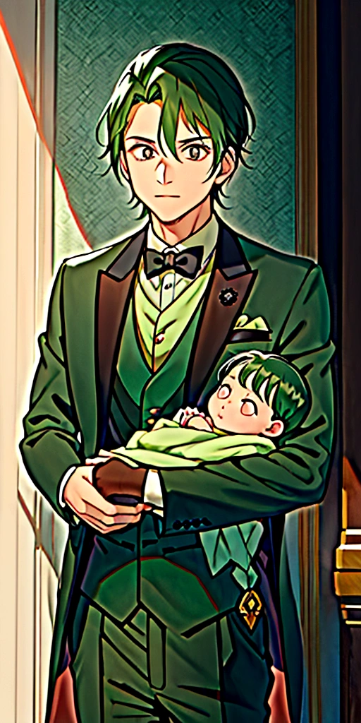 NEWBORN BABY boy, dark green hair, wearing prince suit