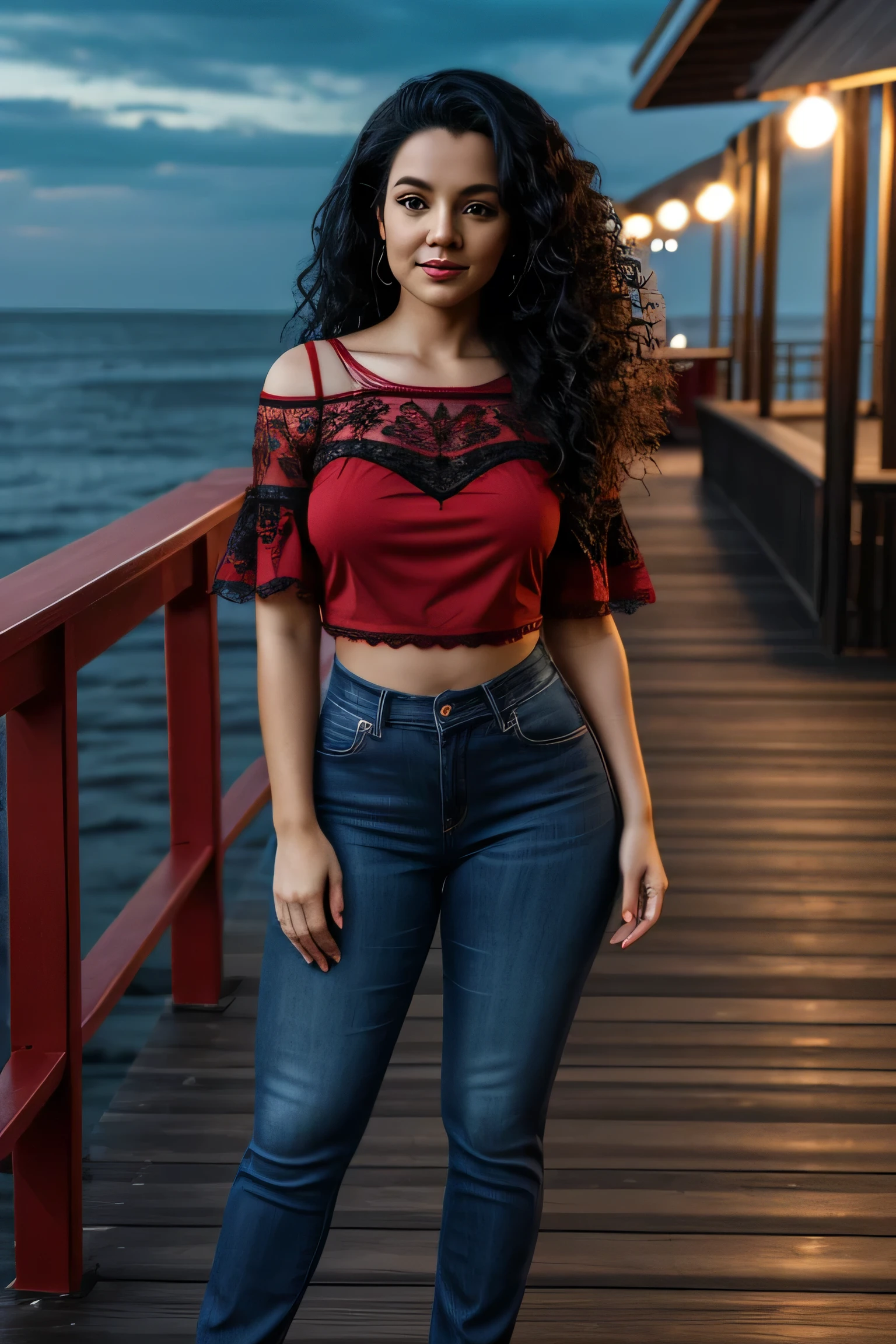 woman, long curly black hair, red lace top, blue denim pants, wide hips, thick legs, looking at the camera, at night, on a boardwalk with an ocean view, photorealistic