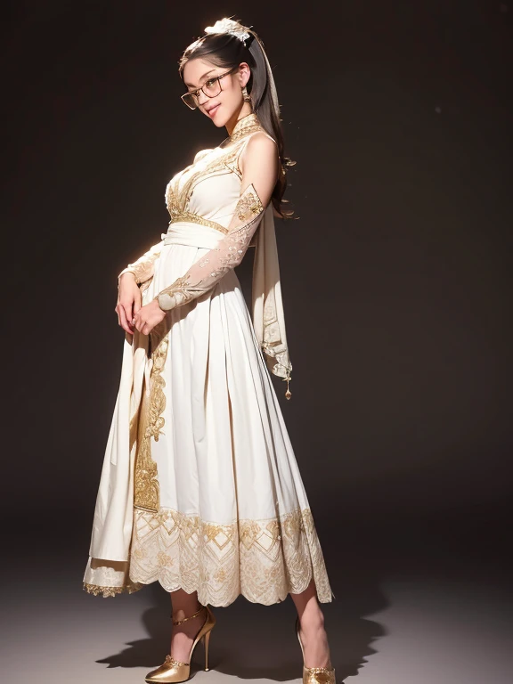 (8k, best quality, masterpiece, looks all detailed), highly detailed, masterpiece, realistic lighting, masterpiece, best quality, masterpiece, official artwork, highly detailed 8k unity CG wallpaper, Indonesian teenage girl of Javanese descent, long black hair tied with white long ponytail patterned ribbon, graceful and beautiful, full of charm, smiling sweetly and happily, wearing glasses, wearing an empire waist dress long skirt with white pleats with gold embroidery, big breasts, wearing white high heel shoes, slender and tall body, standing in a forward-facing style, on the stage.