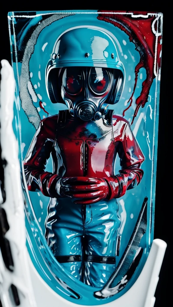 a Alien monster ADN person in white gloves holding a glass with blood on it, lightblue acrylic paintdrip tar, Scary little alien creature,acrylic liquid colors, blacklight reacting, mixed liquid acrylic, toxic drips, dye - transfer, dye-transfer, liquid painting, drip painting, acryclics, rna bioweapon, red and cyan ink, wet - on - wet technique,Biological experiment on strange creatures.Leo
