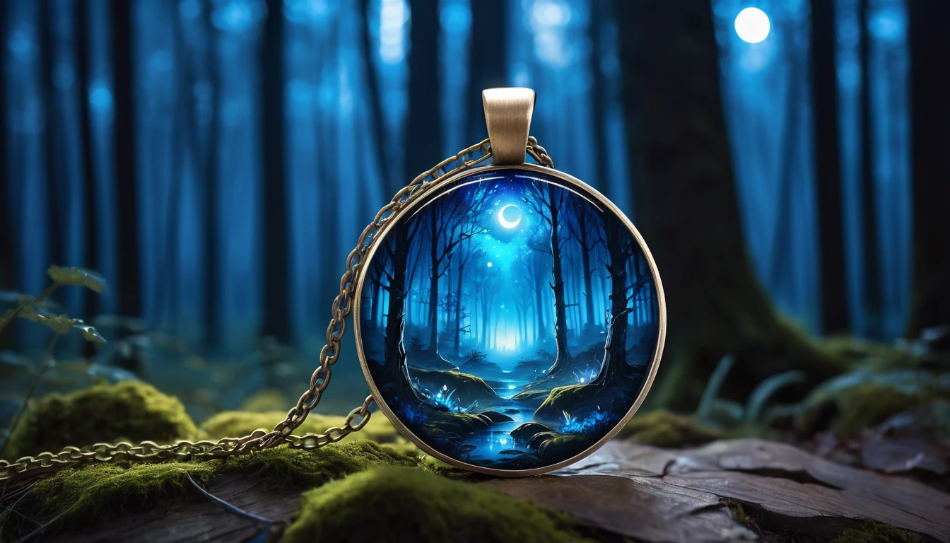 Highest quality A blue pendant that emits a faint glow Fantasy The background is a night forest