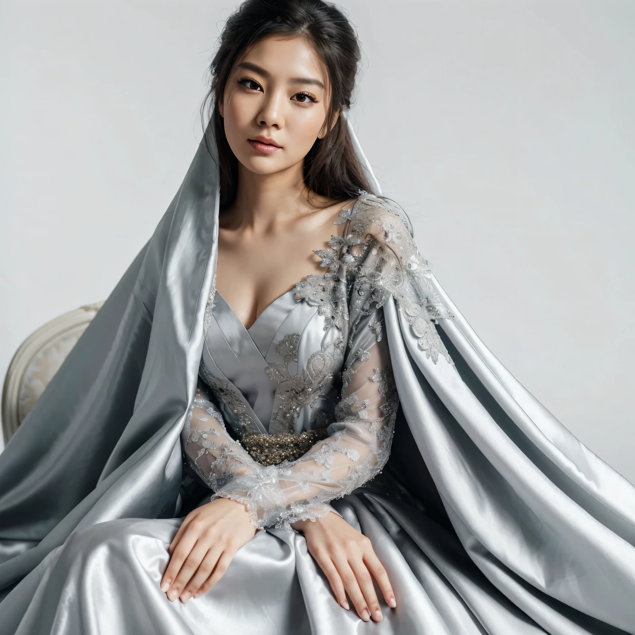 an Asian woman, wearing and covering by a long bright gray satin wedding dress with decoration, silk shawl, sitting on the chair, beautiful, smooth hair, white background, elegant posture, facing the camera, good structure, intricate details, studio lighting, hyper detailed, extreme detail description, best quality, Ultra HD, 4k, 8k, frog angle photoshoot
