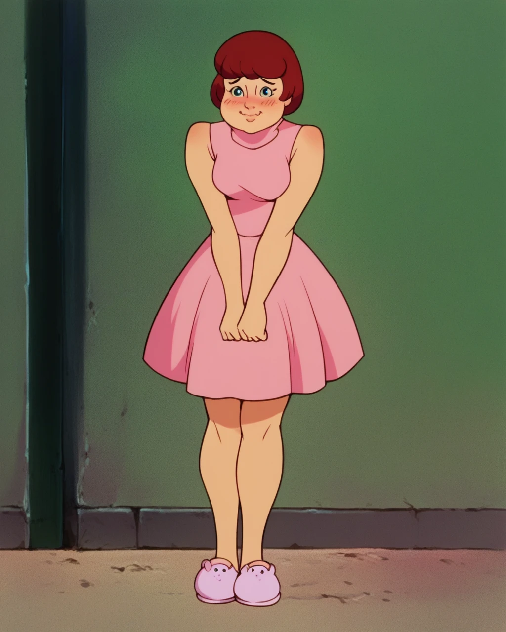 velmaXL, pink tutu dress, pink sleeveless top, white panties, shy, blushing cheeks, standing, posing, pink slippers, upskirt, solo