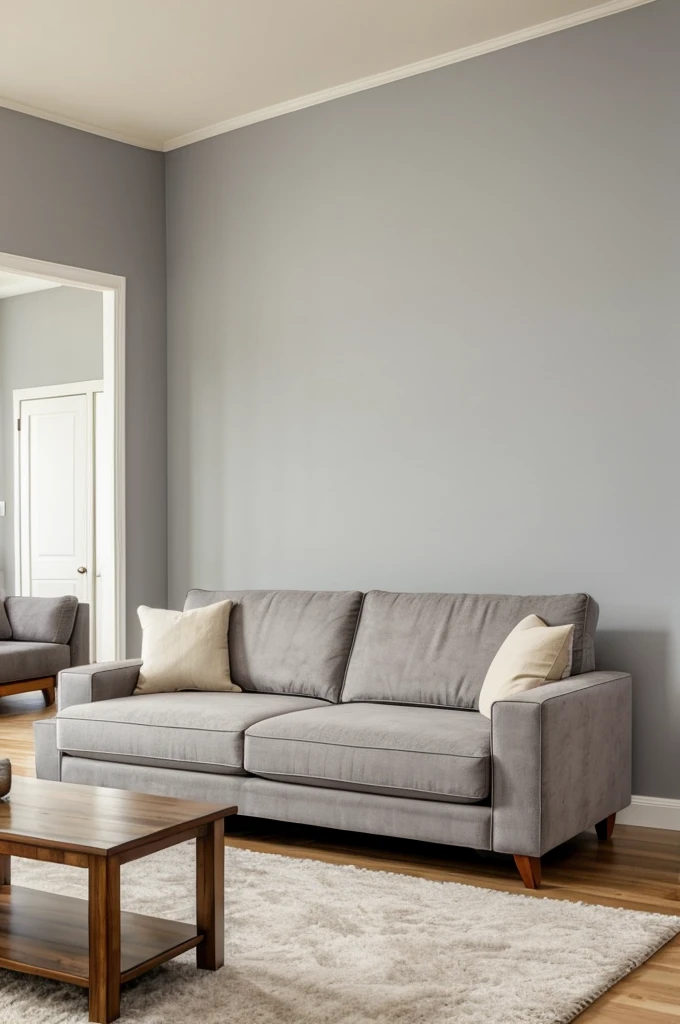 large gray couch against off white wall. wooden kitzch on the wall behind couch, ULTRA DETAILED