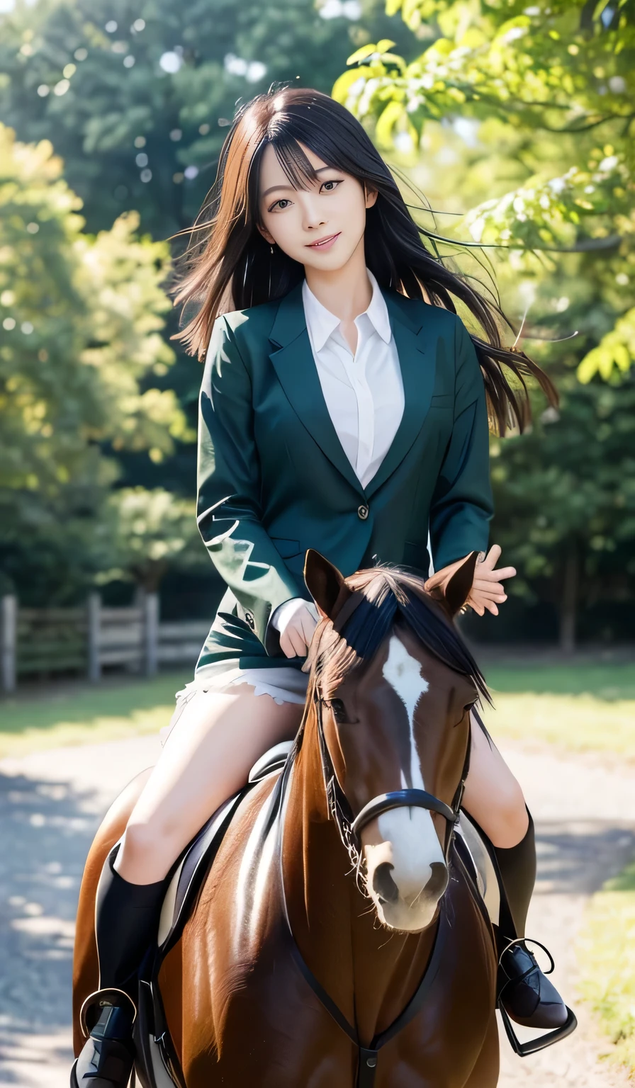 1 girl, Japanese, young woman, cute, sexy, long black hair, fair skin, green eyes, athletic body, country outfit, outside, sunny day, 8K, ((ultra realistic:1.2)), smiling, shy, riding horse