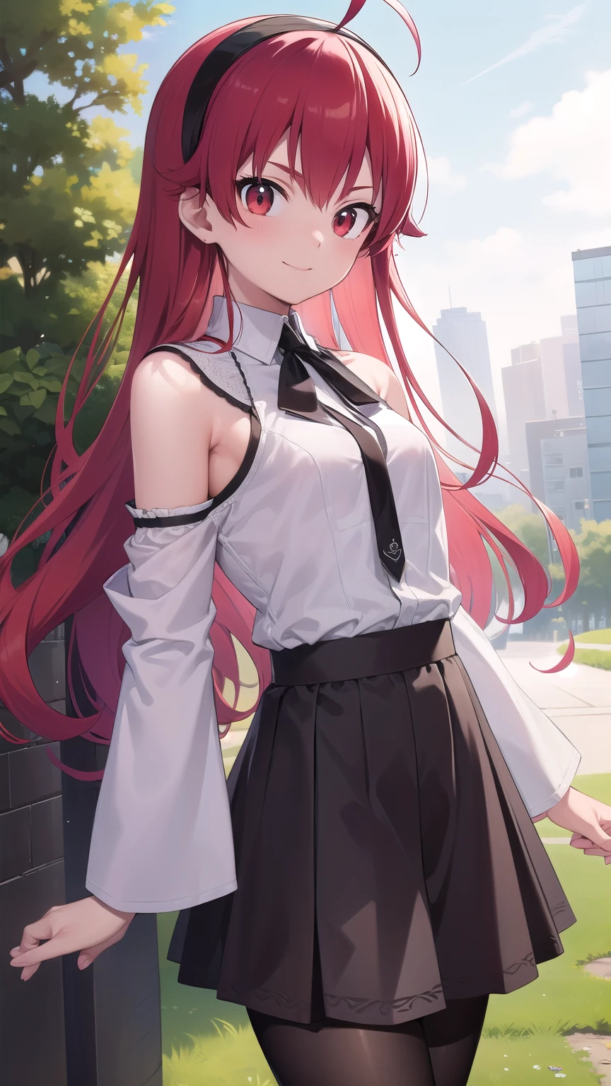 erisgreyrat, eris greyrat, ahoge, hair between eyes, long hair, (red eyes:1.5), red hair, sidelocks, (small breast:1.2),
BREAK black hairband, black ribbon, brown skirt, hairband, long sleeves, neck ribbon, pantyhose, ribbon, shirt, shoulder cutout, skirt, white pantyhose, white shirt, wide sleeves,
BREAK looking at viewer,smile
BREAK outdoors, grass、sunBREAK (masterpiece:1.2), best quality, high resolution, unity 8k wallpaper, (illustration:0.8), (beautiful detailed eyes:1.6), extremely detailed face, perfect lighting, extremely detailed CG, (perfect hands, perfect anatomy),