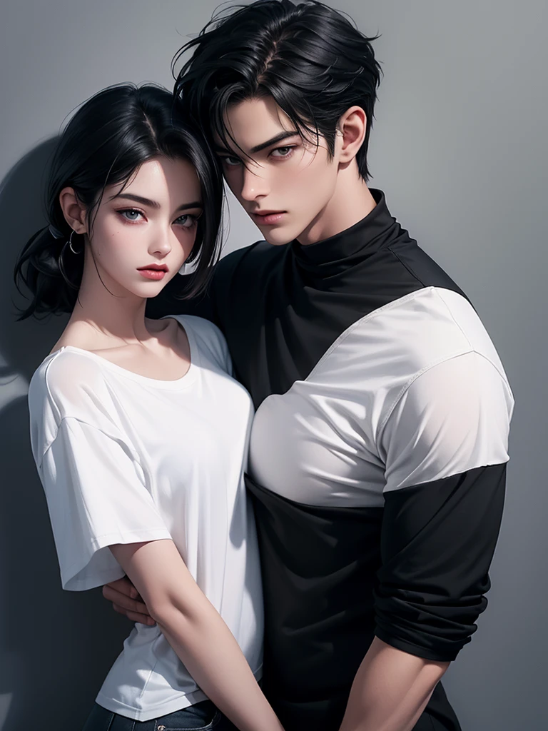 A tall handsome young man with black hair, with long black hair gathered in a tight ponytail, short bangs, black eyes, he is wearing a white T-shirt and white jeans, he hugs an incredibly beautiful tall pink-heared femme fatale young woman with a very short haircut standing next to him, she has brilliant green eyes, She is wearing a simple black dress. Masterpiece, perfect image, realistic pictures, detailed face study, full-length image, 8k, detailed image. an extremely detailed illustration, a real masterpiece of the highest quality, with careful drawing. Sasuke Uchiha and Sakura Haruno