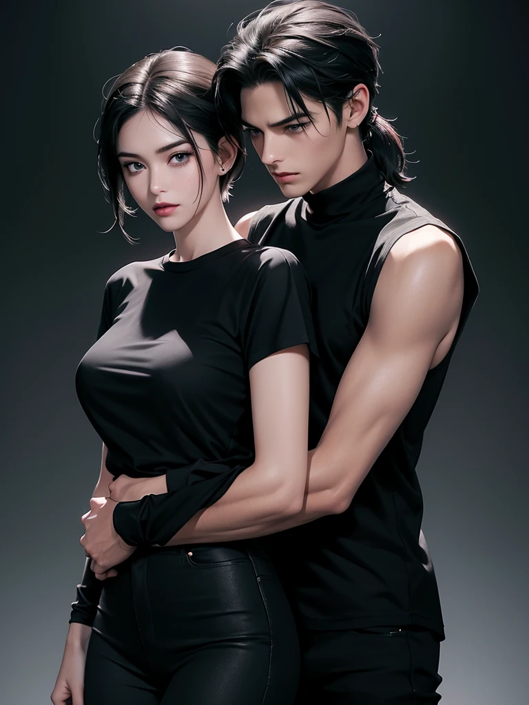 A tall handsome young man with black hair, with long black hair gathered in a tight ponytail, short bangs, black eyes, he is wearing a white T-shirt and white jeans, he hugs an incredibly beautiful tall pink-heared femme fatale young woman with a very short haircut standing next to him, she has brilliant green eyes, She is wearing a simple black dress. Masterpiece, perfect image, realistic pictures, detailed face study, full-length image, 8k, detailed image. an extremely detailed illustration, a real masterpiece of the highest quality, with careful drawing. Sasuke Uchiha and Sakura Haruno