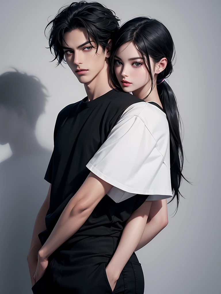 A tall handsome young man with black hair, with long black hair gathered in a tight ponytail, short bangs, black eyes, he is wearing a white T-shirt and white jeans, he hugs an incredibly beautiful tall pink-heared femme fatale young woman with a very short haircut standing next to him, she has brilliant green eyes, She is wearing a simple black dress. Masterpiece, perfect image, realistic pictures, detailed face study, full-length image, 8k, detailed image. an extremely detailed illustration, a real masterpiece of the highest quality, with careful drawing. Sasuke Uchiha and Sakura Haruno