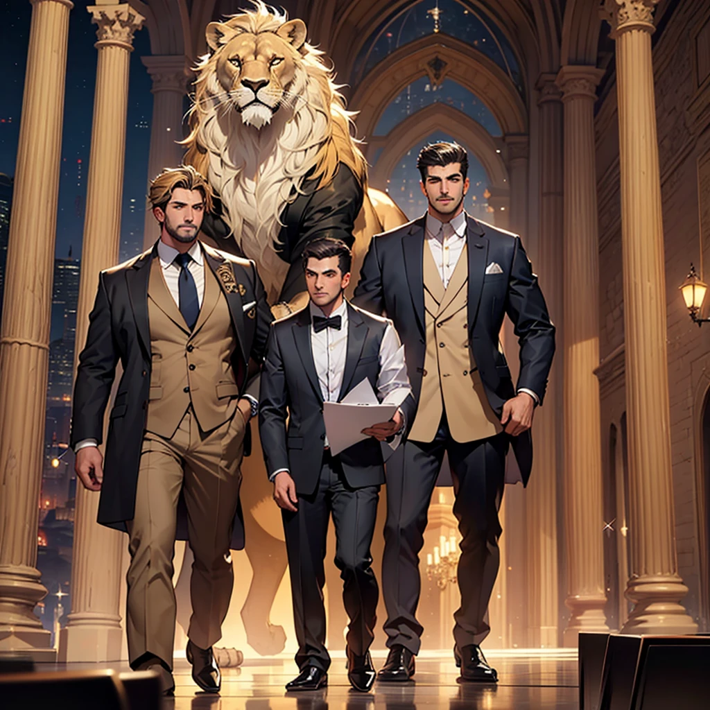 A 34-year-old Constantine the Great revived in the modern era, large and powerful like a lion, bright and sharp eyes, exuding an overwhelming aura of dominance, wearing an elegant suit, successful businessman, grand hall, sparkling jewels of Istanbul, fantastic and metropolitan night view, ultra-vivid, ultra-beautiful, ultra-detailed