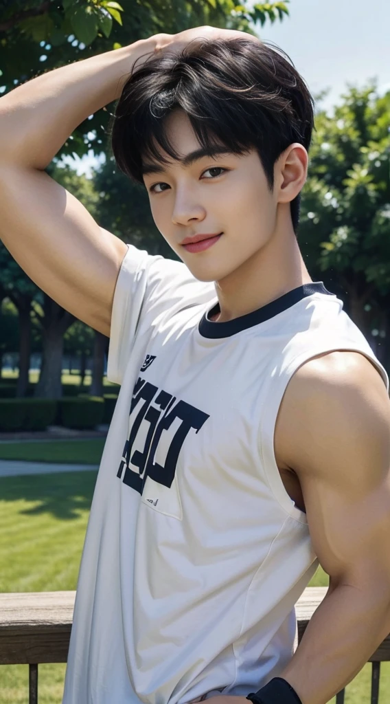 top quality, ultra high resolution, (photorealistic: 1.4), Cha eun woo, yellow croptop, dynamic angles, handsome, perfect face, perfect body, natural light, raw, detailed, best quality, 8k
