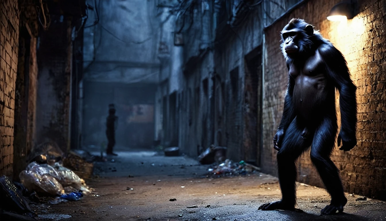 Create a dramatic and unsettling image of the Monkey Man, an infamous figure from Indian urban legends. The Monkey Man should be depicted as a humanoid creature with a muscular build, covered in dark fur. His face should be a blend of human and monkey features, with piercing, glowing eyes that convey menace. He should have sharp claws and fangs, emphasizing his fearsome nature. The scene should be set in a dimly lit urban alleyway at night, with shadows and flickering streetlights casting an eerie glow. The background should include elements like crumbling walls, garbage bins, and graffiti, enhancing the gritty urban atmosphere. 