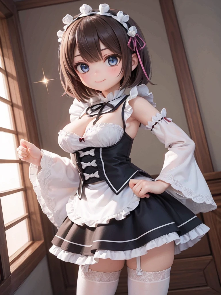 ((Highest quality)), ((masterpiece)), (be familiar with), Perfect Face, Big eyes, Drooping eyes, eyelash, The sparkling light of the eyes, (roswaal mansion maid uniform), white thighhighs, detached sleeves, wide sleeves, re:NULL, (mini skirt), medium breasts, smile, closed mouth