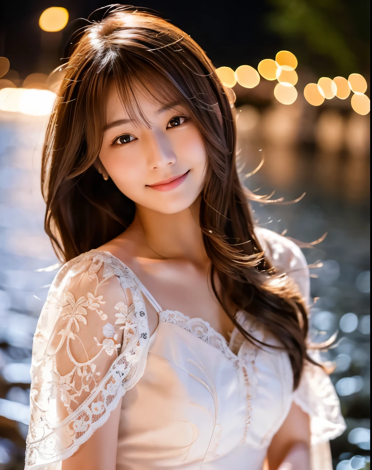 beautiful japanese woman　intricately colored detailed hair　brown hair　long hair　delicate beautiful eyes　smooth soft skin　gentle smile　white lace dress　standing on a small river　Asahi　Professional photographer　professional lighting