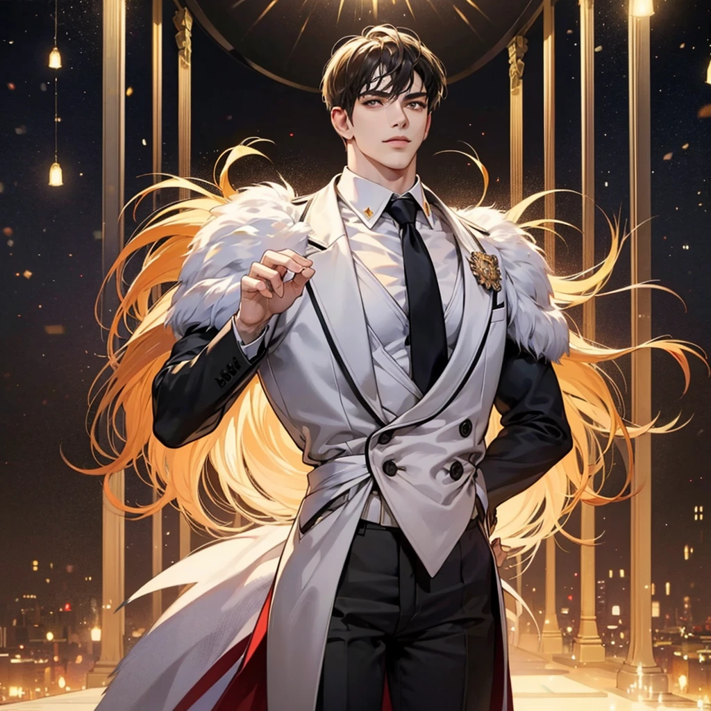 masterpiece, best quality, 8k, hyperdetailed, portrait of Constantine the Great revived in modern times, 34 years old, kind smile, lion-like strong gaze, overwhelming aura of a powerful ruler, high-end suit, successful businessman, grand hall, sparkling jewels of Istanbul, fantastical and urban night scenery, hyper-detailed, hyper-realistic, hyper-vibrant