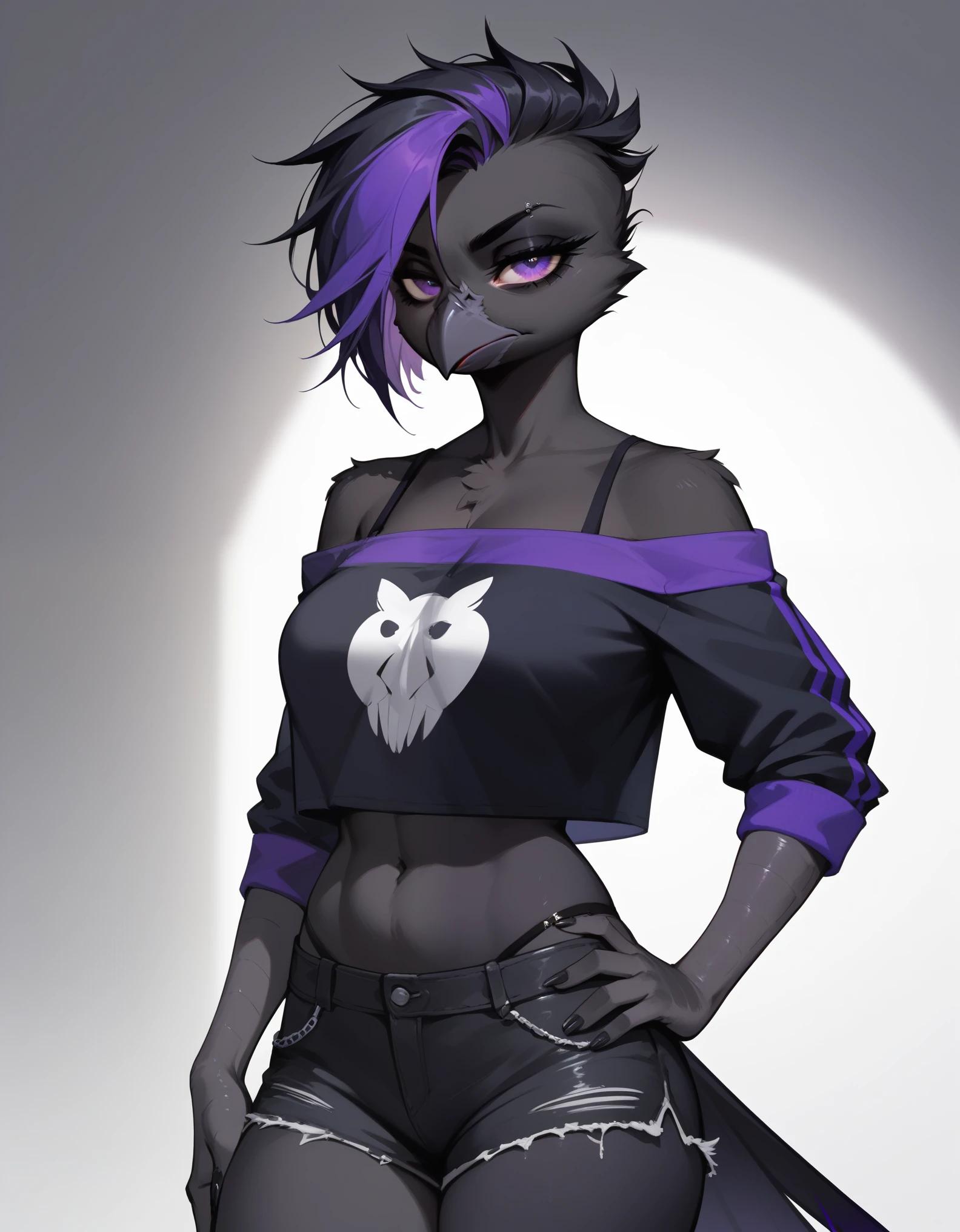 score_9, score_8_up, score_7_up, Sera, anthro avian girl, mature adult, black feathered body, black hair with purple highlight, jitome, expressionless, purple eyes, eyes half open, wearing black emo top, exposed shoulder, black short shorts, hourglass figure, one hand on hip, in a bedroom, looking at viewer