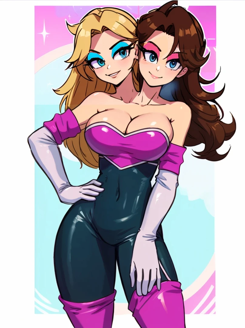 (masterpiece),(ultra-detailed), (high quality), (high resolution), (best quality:1.5, highres, UHD), highres, absurdo, ultra detail, ultra quality, Ultra resolution, 16k, 1girl, (2heads:1.5), ((girl with two heads)), golden blonde hair, (((same identical hair color))), black dress, large breasts, cleavage,dbgtbra, 1 girl, solo, blonde hair, brown hair, long hair, aqua eyes, eyeshadow, smile, closed mouth, cowboy shot, 1 girl, solo, rouge_the_bat_(cosplay), black rubber bodysuit, white elbow gloves, bare shoulders, medium breast, pink lipstick, smile, standing up