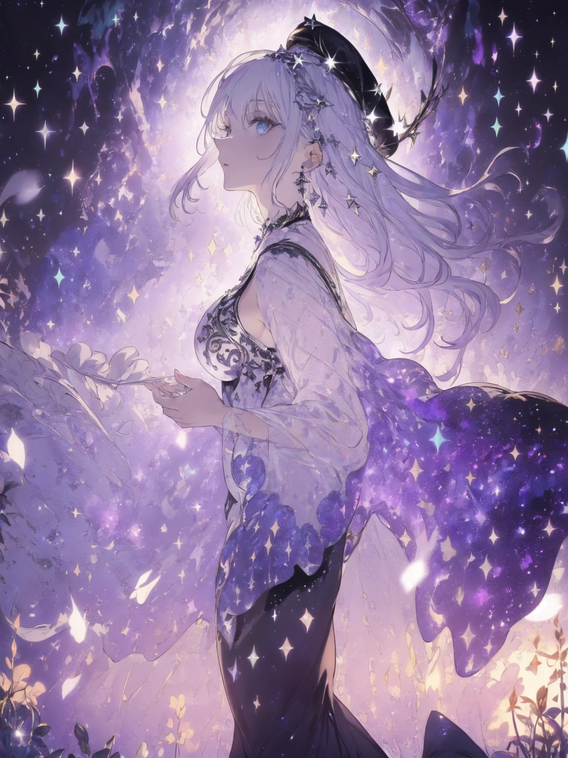 (sparkle landscape photo, with a woman in the bottom right of photo:1.5, in white garden:1.5), Masterpiece, best quality, (very detailed CG unity 8k wallpaper), (best quality), High definition RAW color art, Animation,sculptures, (black Marble Skin), (((Ultra detailed elegant))), Magical atmosphere, Detailed skin, Texture,(Intricately detailed, Fine detail, ultra-detail art), depth of fields, bokeh, Silky Touch, Hyper Detail, beautiful eyes, Elegant Face, (sexy profile posing), sparkle background, enormous breast:1.4, (silver hair), pastel purple, witchcraft dress, witchcraft hat, embarrassing face, 蔦, Dramatic Light