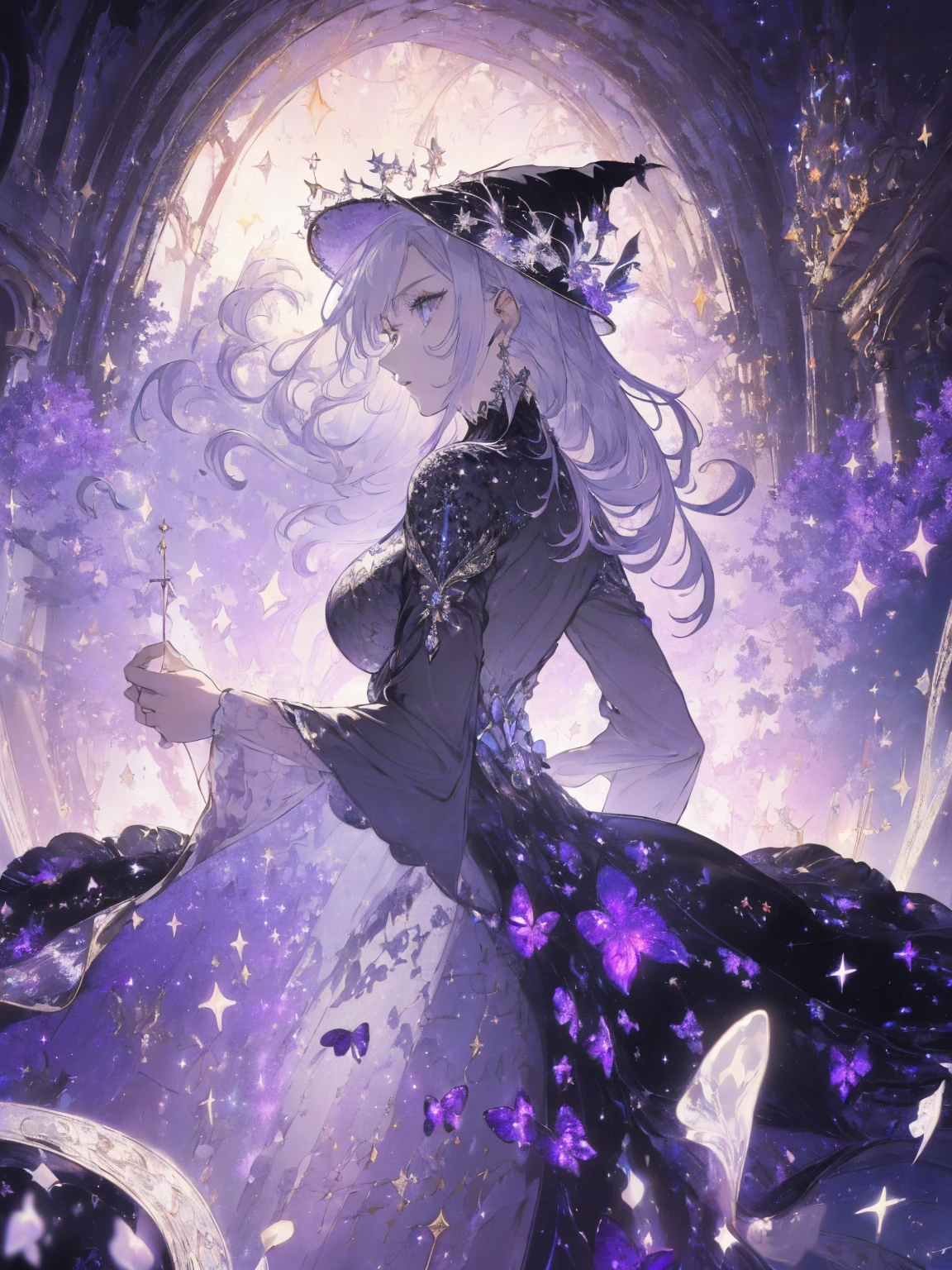 (sparkle landscape photo, with a woman in the bottom right of photo:1.5, in white garden:1.5), Masterpiece, best quality, (very detailed CG unity 8k wallpaper), (best quality), High definition RAW color art, Animation,sculptures, (black Marble Skin), (((Ultra detailed elegant))), Magical atmosphere, Detailed skin, Texture,(Intricately detailed, Fine detail, ultra-detail art), depth of fields, bokeh, Silky Touch, Hyper Detail, beautiful eyes, Elegant Face, (sexy profile posing), sparkle background, enormous breast:1.4,  (silver hair), pastel purple, witchcraft dress, witchcraft hat, embarrassing face, 蔦,  Dramatic Light