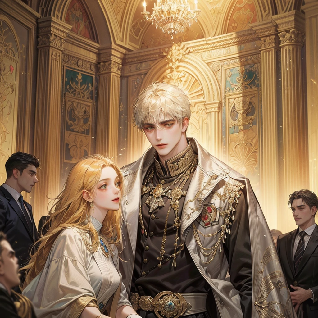 a portrait of a 34 year old constantinous the great, kind smile, lion-like strong gaze, overwhelming aura of a powerful leader, wearing a luxury suit, successful businessman, grand hall, istanbul's sparkling jewels, fantastical and urban night scenery, hyper detailed, hyper realistic, hyper vivid, best quality, 8k, highres, masterpiece, ultra-detailed, physically-based rendering, professional, vivid colors