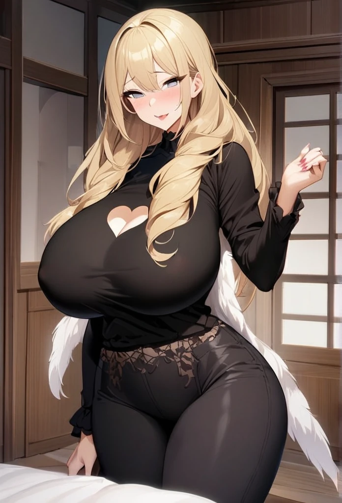 1girl,solo,Mature Women,blonde hair color,long hair,Her hair is tucked back,grey eyes,slanted eyes,double edged eyelid,super huge breasts,slender,black knit long sleeves,Heart-shaped hole in clothing,Steam comes out of the body,fan with one's hand,feather shawl,sexual passion,side of face,near,standing up,house,in room