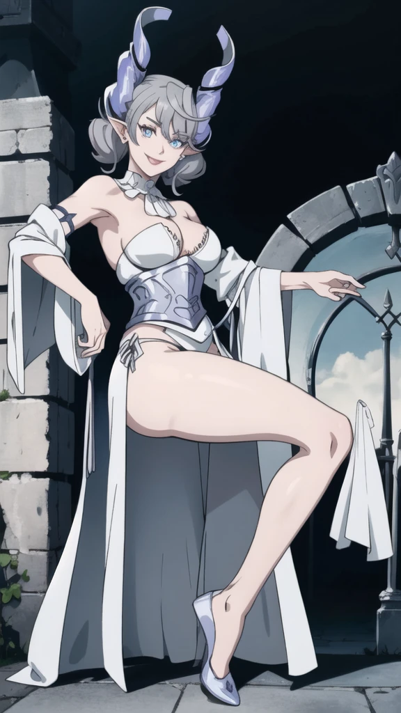 Outside castle top High level image quality best image quality 8K adult woman silver castle outside more colors whole body view portrait bikini horn ears short hair((shortcut)(gray hair)(perm)(fluffy)) eye color is blue , , attractive evil face , smile , sexy pose , labrynth , barearm , wearing white , standing, view foot arc , view side