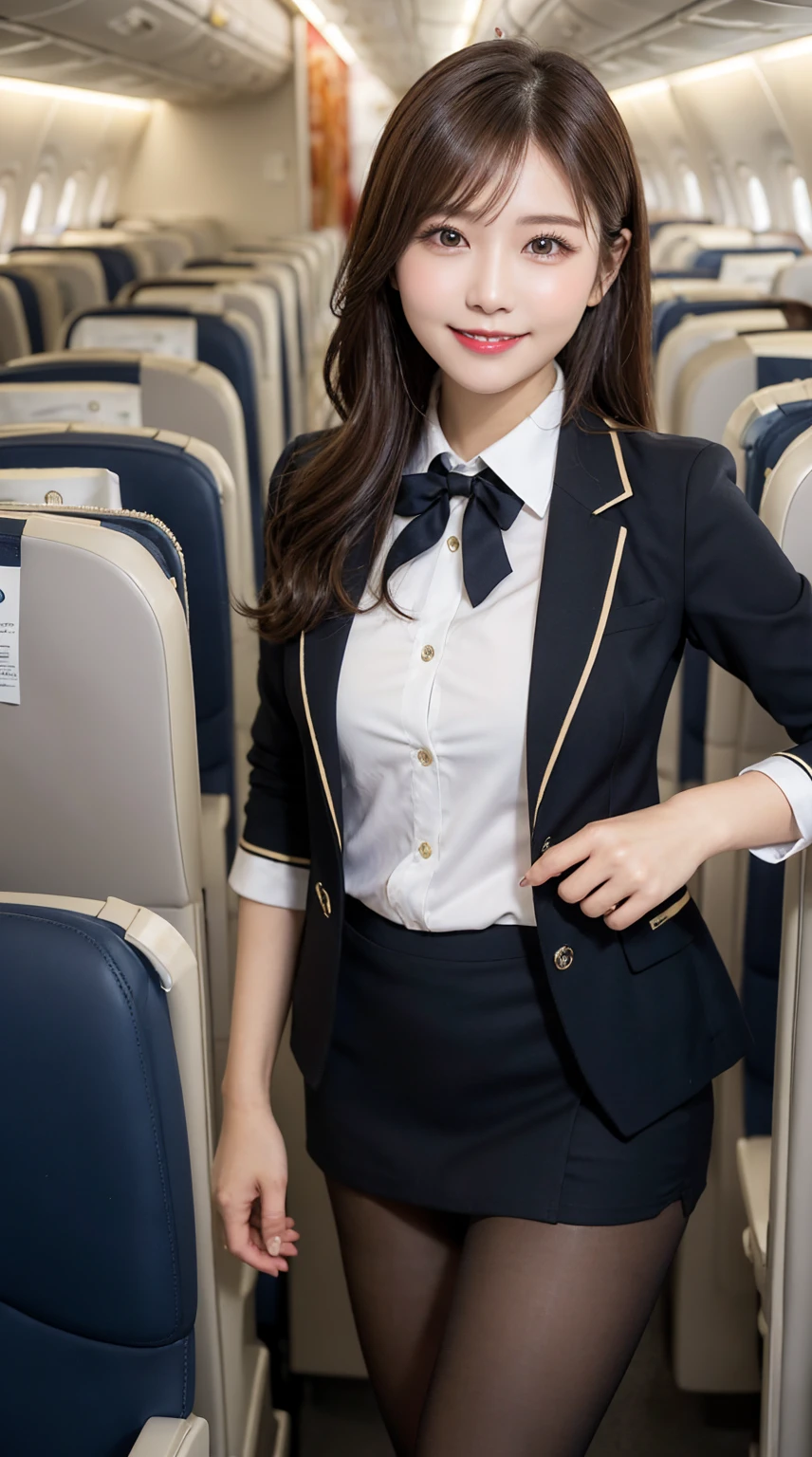 highest quality、table top、8k、best image quality、Award-winning work)、one beautiful woman、radiant beautiful skin , masterpiece、top-quality、The ultra -The high-definition、depth of fields、lens flare 1 girl、、brown hair, watching at viewers glares, large breasts , stewardess uniform, ( stewardess blazer:1.3), shirt, short skirt, (black high heels), perfect legs, model pose, view from below, smiling , flight cabin, pantyhose